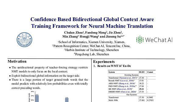 Confidence Based Bidirectional Global Context Aware Training Framework for Neural Machine Translation