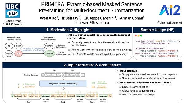 PRIMERA: Pyramid-based Masked Sentence Pre-training for Multi-document Summarization