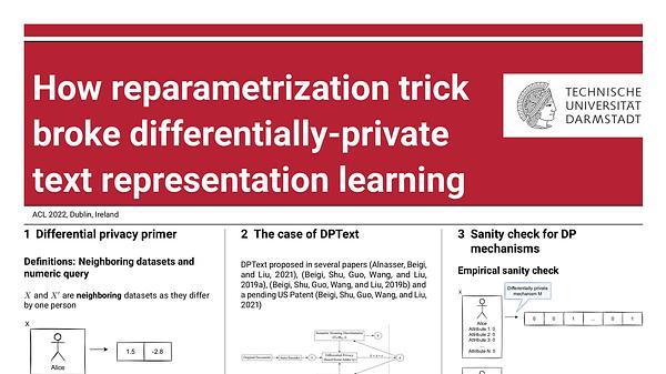 How reparametrization trick broke differentially-private text representation learning