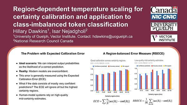 Region-dependent temperature scaling for certainty calibration and application to class-imbalanced token classification