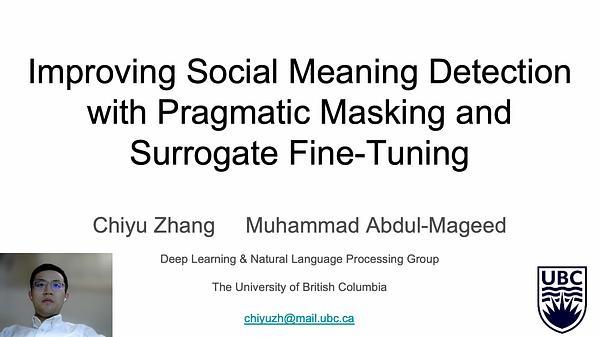 Improving Social Meaning Detection with Pragmatic Masking and Surrogate Fine-Tuning