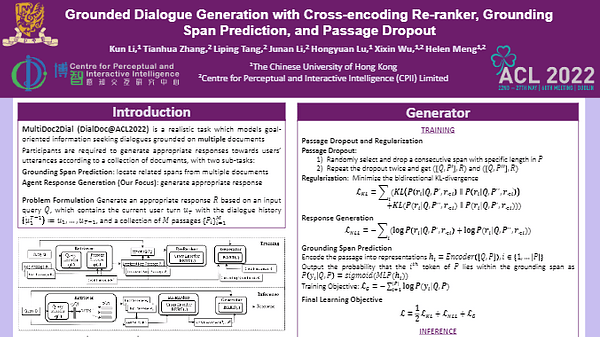 Grounded Dialogue Generation with Cross-encoding Re-ranker, Grounding Span Prediction, and Passage Dropout