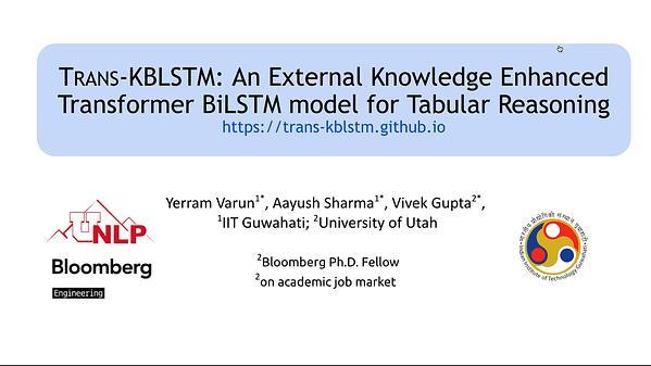 Trans-KBLSTM: An External Knowledge Enhanced Transformer BiLSTM Model for Tabular Reasoning