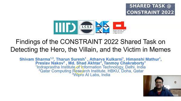 Findings of the CONSTRAINT 2022 Shared Task on Detecting the Hero, the Villain, and the Victim in Memes