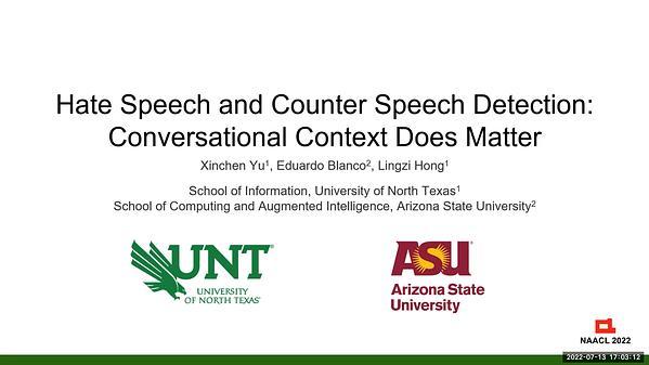 Hate Speech and Counter Speech Detection: Conversational Context Does Matter
