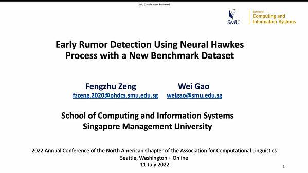 Early Rumor Detection Using Neural Hawkes Process with a New Benchmark Dataset