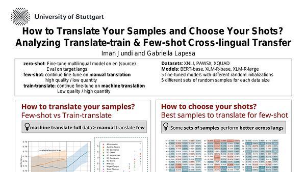 How to Translate Your Samples and Choose Your Shots? Analyzing Translate-train & Few-shot Cross-lingual Transfer