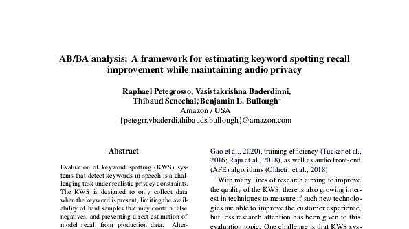 AB/BA analysis: A framework for estimating keyword spotting recall improvement while maintaining audio privacy