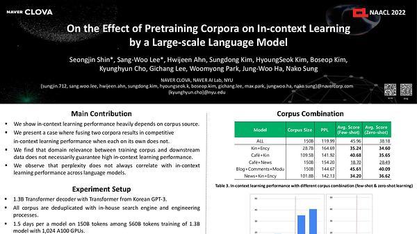 On the Effect of Pretraining Corpora on In-context Learning by a Large-scale Language Model