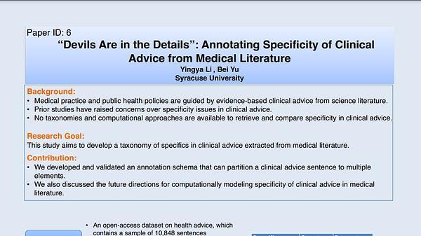 "Devils are in the Details'' — Annotating Specificity of Clinical Advice from Medical Literature
