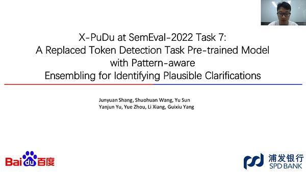 X-PuDu at SemEval-2022 Task 7: A Replaced Token Detection Task Pre-trained Model with Pattern-aware Ensembling for Identifying Plausible Clarifications