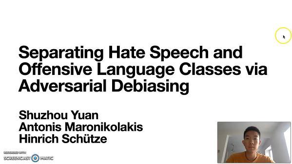 Separating Hate Speech and Offensive Language Classes via Adversarial Debiasing