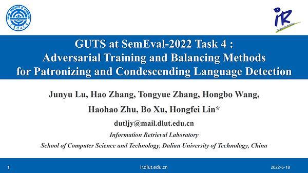 GUTS at SemEval-2022 Task 4: Adversarial Training and Balancing Methods for Patronizing and Condescending Language Detection