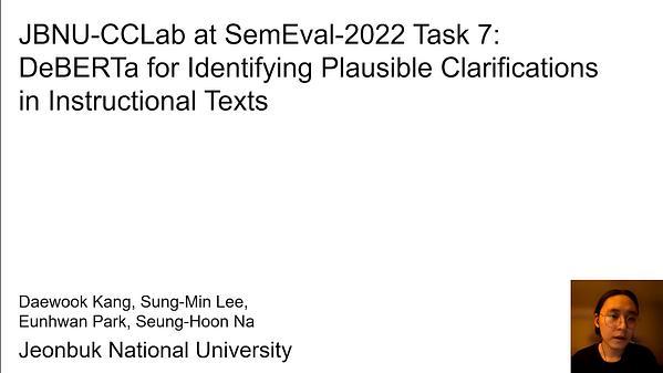 JBNU-CCLab at SemEval-2022 Task 7: DeBERTa for Identifying Plausible Clarifications in Instructional Texts