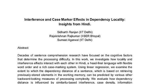 Interference and Case Marker Effects in Dependency Locality: Insights from Hindi