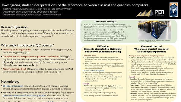 Investigating student interpretations of differences between classical and quantum computers