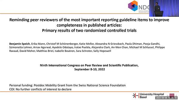 Reminding Peer Reviewers of the Most Important Reporting Guideline Items to Improve Completeness in Published Articles: Primary Results of 2 Randomized Controlled Trials | VIDEO