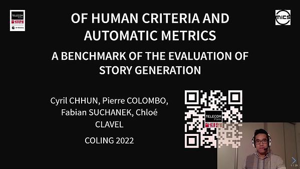 Of Human Criteria and Automatic Metrics: A Benchmark of the Evaluation of Story Generation