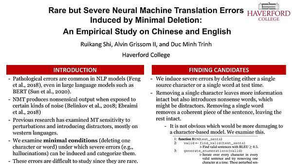 Rare but Severe Neural Machine Translation Errors Induced by Minimal Deletion: An Empirical Study on Chinese and English