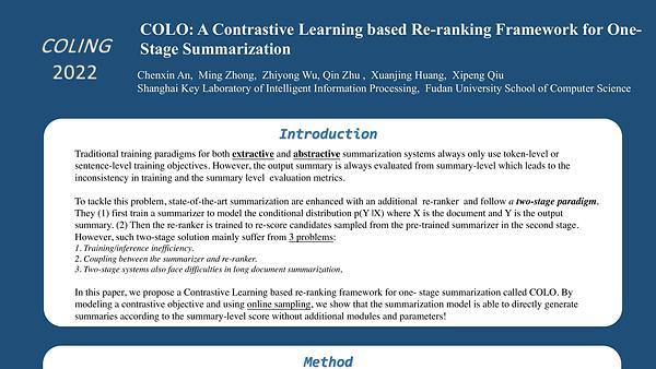 CoLo: A Contrastive Learning based Re-ranking Framework for One-Stage Summarization