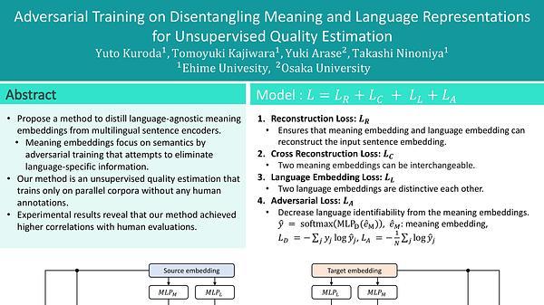 Adversarial Training on Disentangling Meaning and Language Representations for Unsupervised Quality Estimation