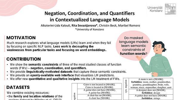 Negation, Coordination, and Quantifiers in Contextualized Language Models