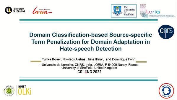 Domain Classification-based Source-specific Term Penalization for Domain Adaptation in Hate-speech Detection