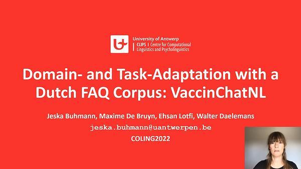 Domain- and Task-Adaptation for VaccinChatNL, a Dutch COVID-19 FAQ Answering Corpus and Classification Model