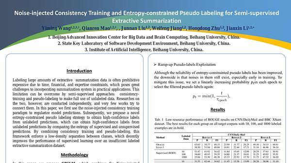 Noise-injected Consistency Training and Entropy-constrained Pseudo Labeling for Semi-supervised Extractive Summarization