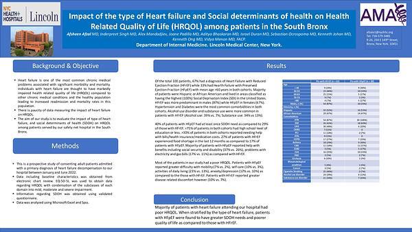 Impact of the type of Heart failure and Social determinants of health on Health Related Quality of Life (HRQOL) among patients in the South Bronx