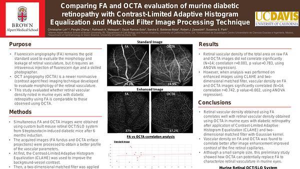 Comparing FA and OCTA evaluation of retinal vascularity of murine eyes with diabetic retinopathy with Contrast-Limited Adaptive Histogram Equalization (CLAHE) and Matched Filter Image Processing Technique