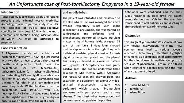 An Unfortunate case of Post-tonsillectomy Empyema in a 19-year-old female