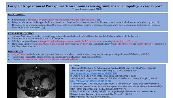 Large Retroperitoneal Paraspinal Schwannoma causing lumbar radiculopathy- a case report.