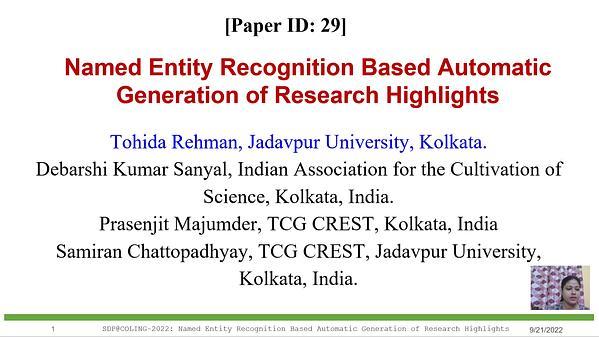 Named Entity Recognition Based Automatic Generation of Research Highlights