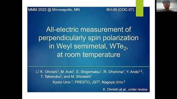 All electric measurement of perpendicularly spin polarization in Weyl semimetal, WTe2, at room temperature