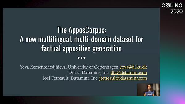 The ApposCorpus: 
A new multilingual, multi-domain dataset for factual appositive generation
