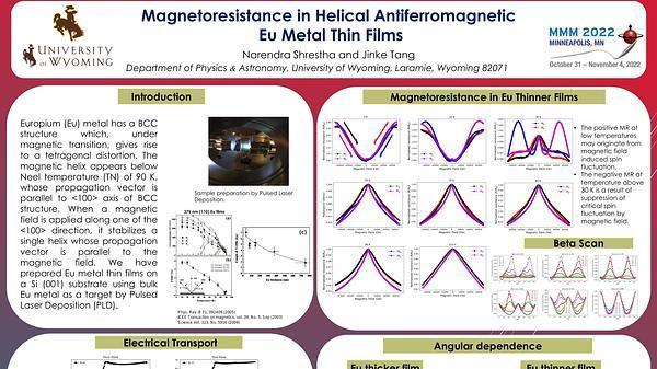 Magnetoresistance in Helical Antiferromagnet Eu Metal Thin Films