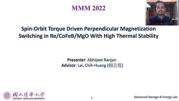 Spin orbit torque driven perpendicular magnetization switching in Re/CoFeB/MgO with high thermal stability.