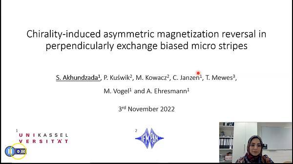 Chirality induced asymmetric magnetization reversal in perpendicularly exchange biased micro stripes