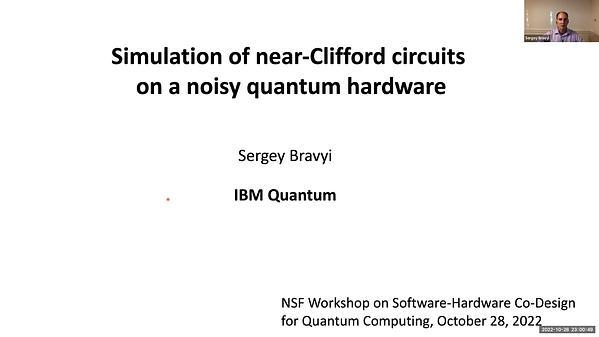Simulation of near-Clifford circuits on a noisy quantum hardware