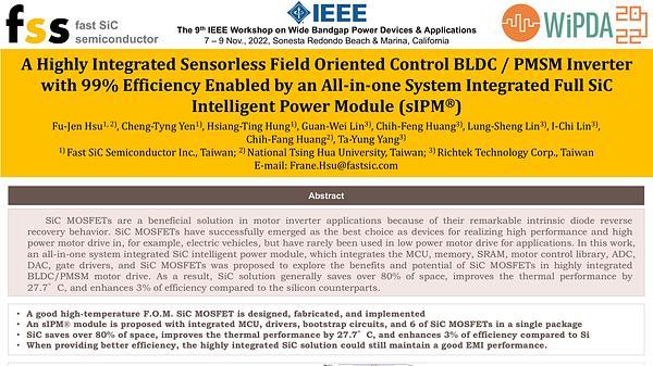 A Highly Integrated Sensorless Field Oriented Control BLDC / PMSM Inverter with 99% Efficiency Enabled by an All-in-One System Integrated Full SiC Intelligent Power Module (sIPM®)