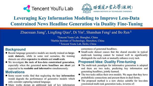 Leveraging Key Information Modeling to Improve Less-Data Constrained News Headline Generation via Duality Fine-Tuning