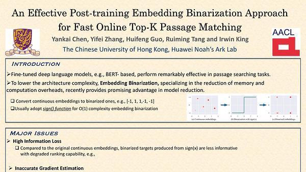 An Effective Post-training Embedding Binarization Approach for Fast Online Top-K Passage Matching