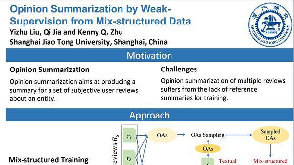 Opinion Summarization by Weak-Supervision from Mix-structured Data
