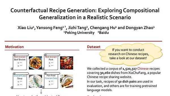 Counterfactual Recipe Generation: Exploring Compositional Generalization in a Realistic Scenario