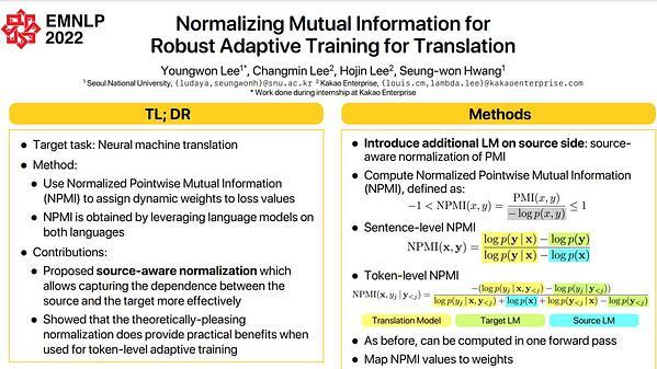 Normalizing Mutual Information for Robust Adaptive Training for Translation