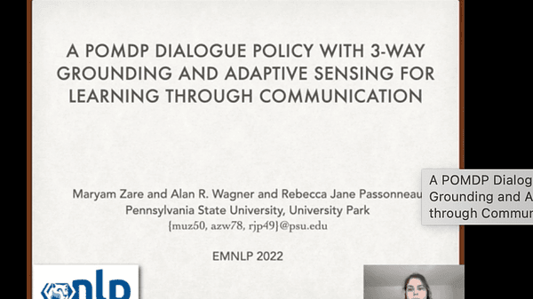 A POMDP Dialogue Policy with 3-way Grounding and Adaptive Sensing for Learning through Communication