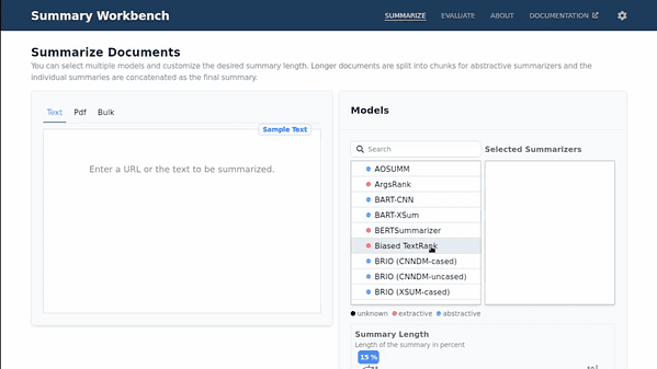 SUMMARY WORKBENCH: Unifying Application and Evaluation of Text Summarization Models