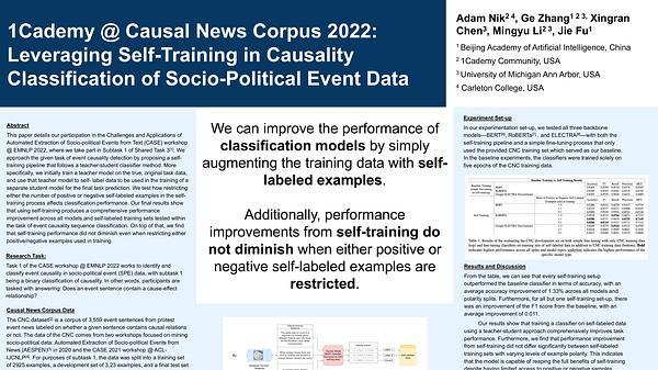1Cademy @ Causal News Corpus 2022: Leveraging Self-Training in Causality Classification of Socio-Political Event Data