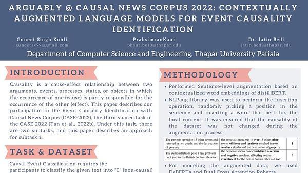 ARGUABLY @ Causal News Corpus 2022: Contextually Augmented Language Models for Event Causality Identification